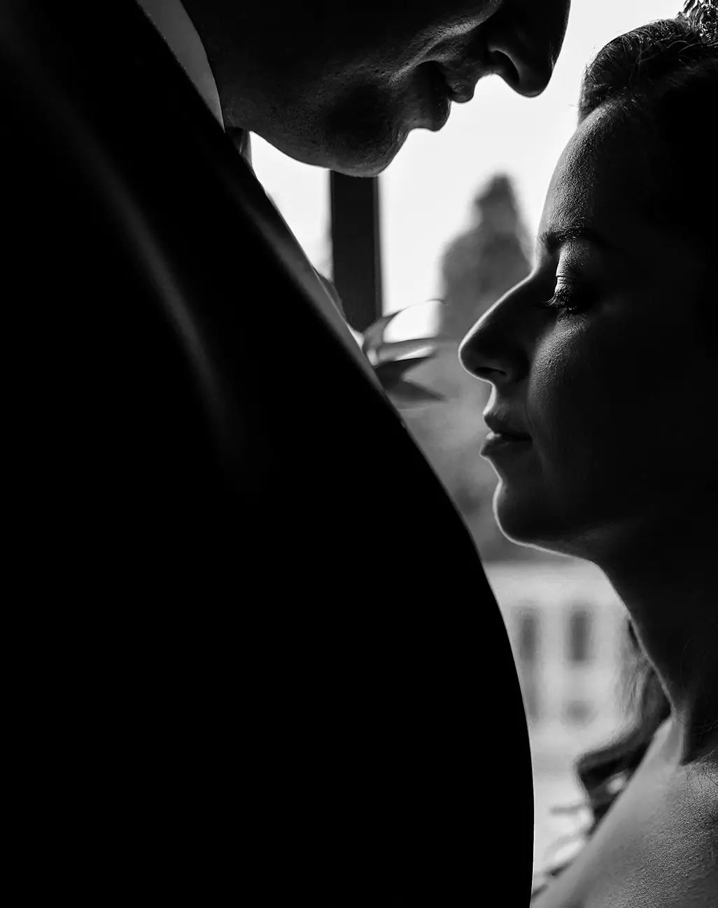 Close up black and white photo of the bride and groom NZ WEDDING STUDIO Wedding Photographers in Los Angeles